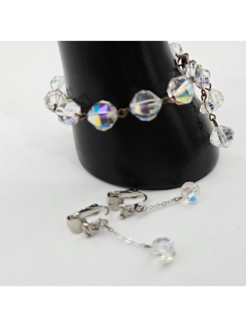 Crystal Iridescent Bead Bracelet & Clip-On Earrings Aurora Borealis MCM 1950s - Picture 4 of 9